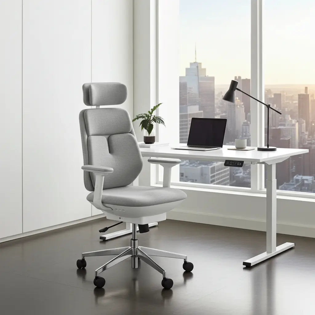 Ergonomischer Bürostuhl – Doppelairbag-Lendenwirbelstütze – Lendenwirbelheizung – Grau mit Weiß