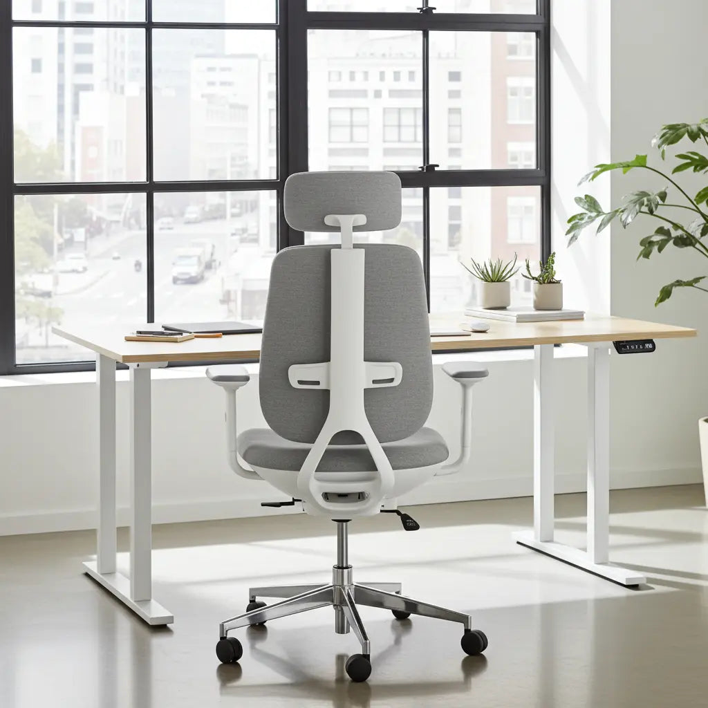 Ergonomischer Bürostuhl – Doppelairbag-Lendenwirbelstütze – Lendenwirbelheizung – Grau mit Weiß