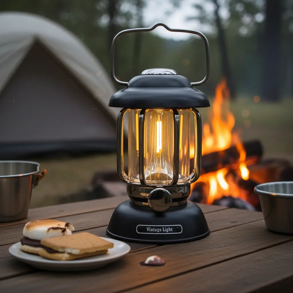 Campinglamp voor buiten - USB oplaadpoort - licht-dimeffect - zwart