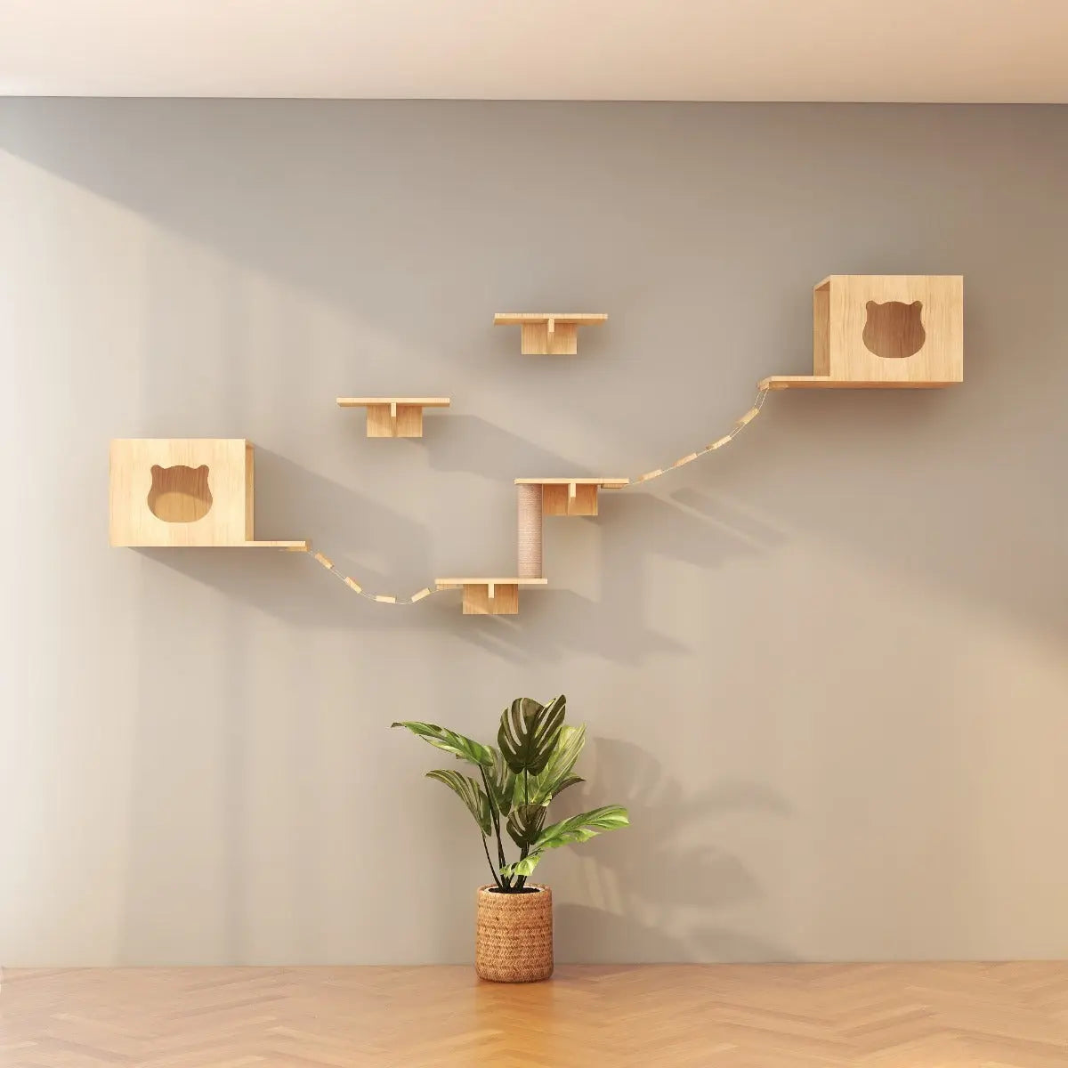 Katten klimwand | 2 Ladders krabpaal en 2 huisjes | Kat Klimmuur | Huisdieren | Vermaak voor katten Coolgods