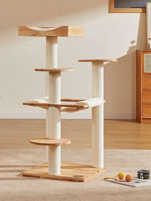 Houten kattenklimrek - krabpaal met hangmat en kattenmand